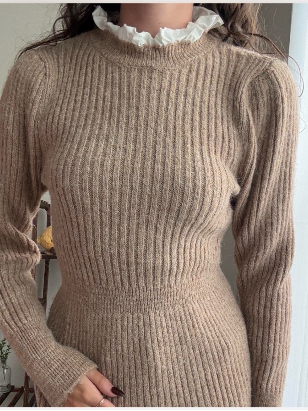 Source Unknown Ribbed Knit Cowl-Neck Sweater in Camel